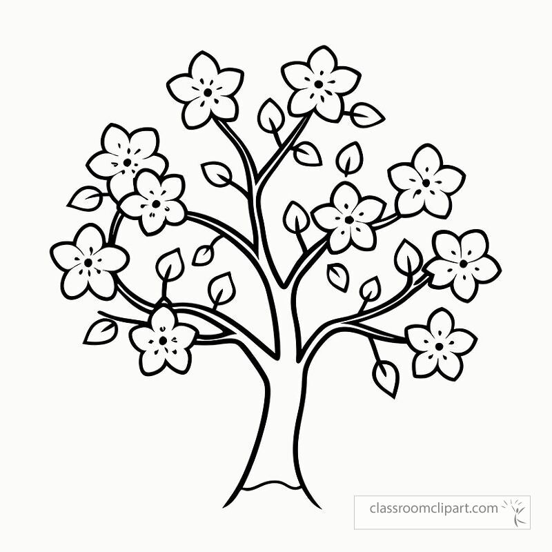 This black outline features a tree adorned with blossoms designed for easy printing. Ideal for coloring or craft projects it captures the beauty of nature in a minimalistic style.