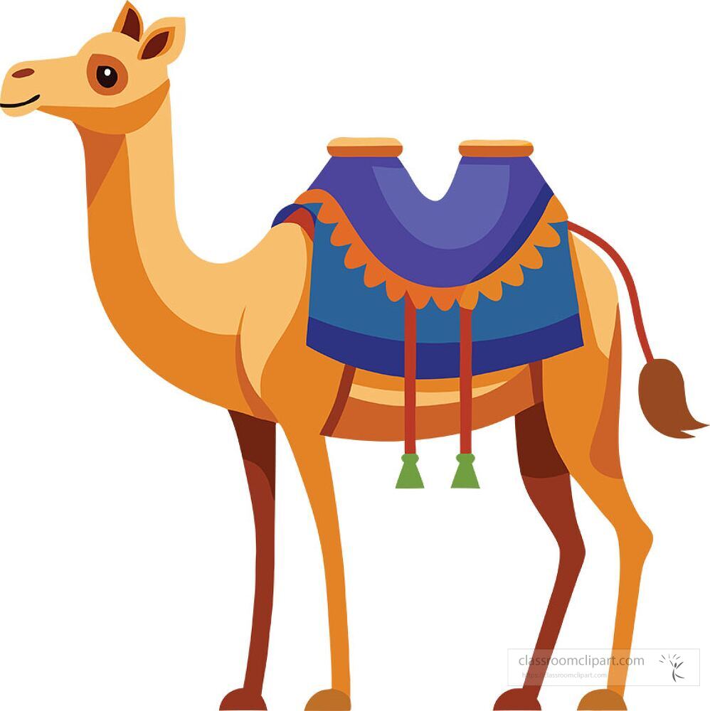 A vibrant one hump camel is adorned with a colorful bridle and saddle ready for desert exploration Its majestic appearance captures the essence of traditional travel in arid landscapes