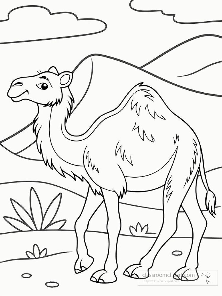 This clip art features a detailed line drawing of a camel standing in a natural landscape with mountains and plants Ideal for coloring and creative expression