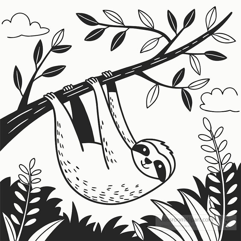 A detailed black outline illustration of an iguana resting on a branch The scene includes various tropical plants and leaves in a simple yet artistic style