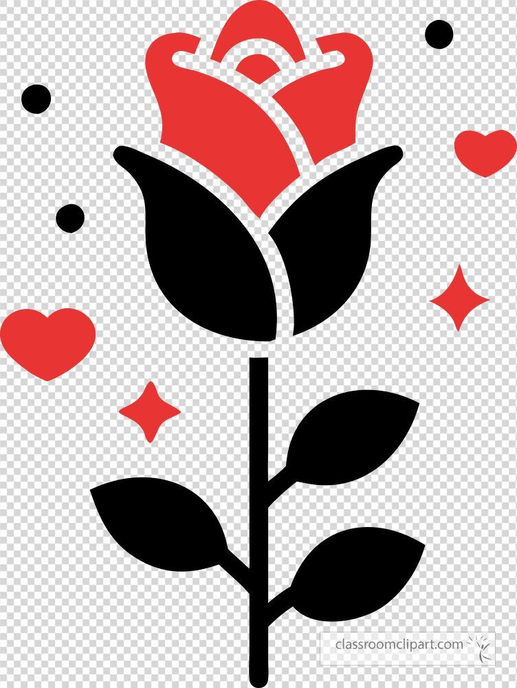 A black icon of a rose is adorned with red accents surrounded by small hearts and sparkles. This design captures the essence of love and beauty invoking feelings of romance.