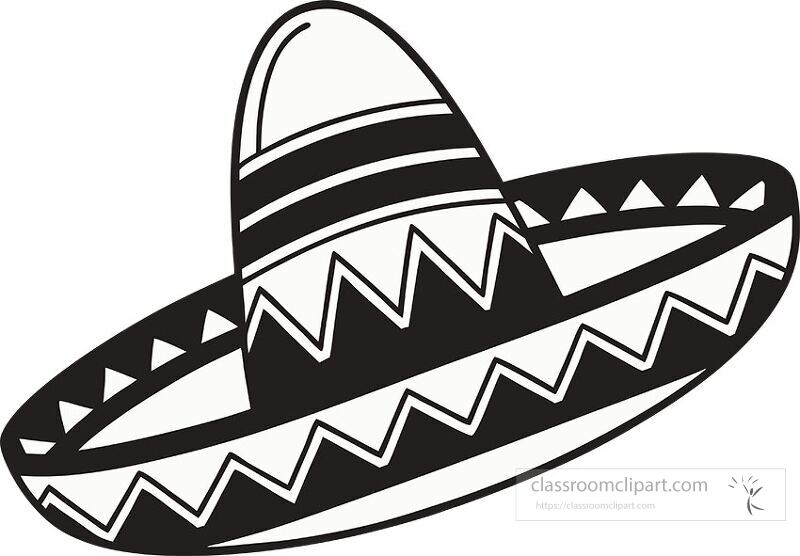 Black outline drawing of a traditional Mexican sombrero featuring decorative patterns The design highlights the shape and unique features of the sombrero against a plain white background