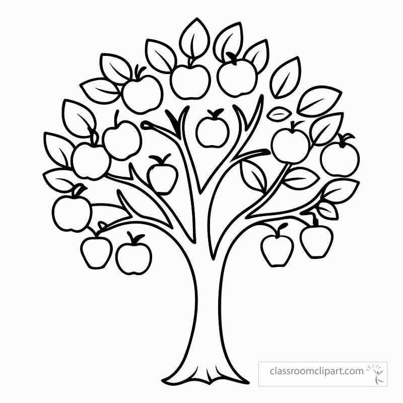 A detailed black outline of a fruit tree featuring numerous apples and lush leaves. Perfect for coloring activities or as a decorative element for art projects.