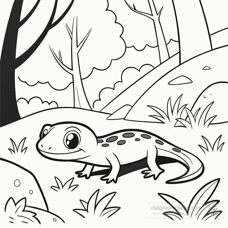 This black and white line drawing features a salamander in a natural setting The creature is surrounded by trees and grass depicting a peaceful outdoor environment