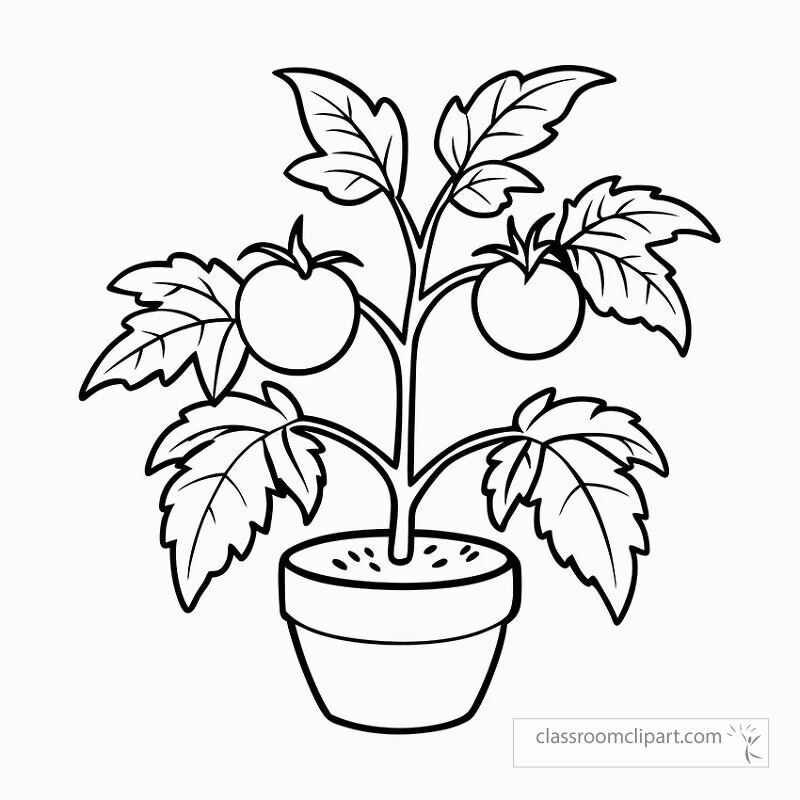 This artwork features a black outline drawing of a tomato plant in a pot. It shows detailed leaves and ripe tomatoes ready for coloring or printing projects. Perfect for gardening enthusiasts.