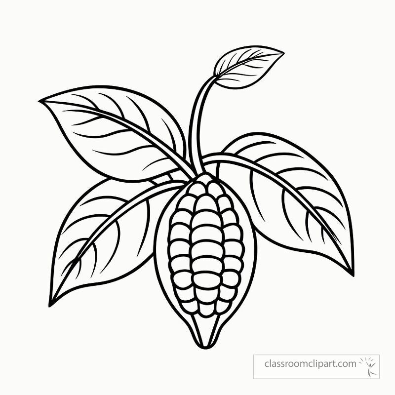 This black outline features a cocoa plant with distinctive leaves and a pod perfect for coloring or educational activities related to botany and agriculture.