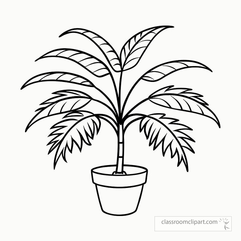 Featuring a detailed black outline of an Areca palm in a pot this design is perfect for coloring or artistic projects capturing the graceful shape of its fronds.