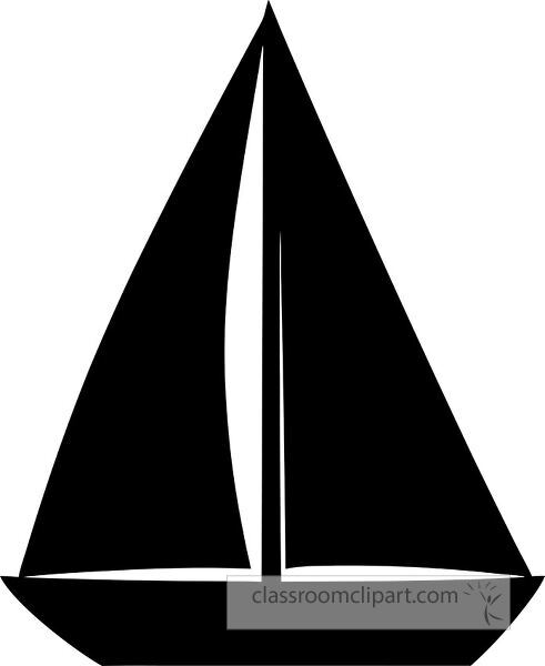 A simple black silhouette of a sailboat with a triangular sail