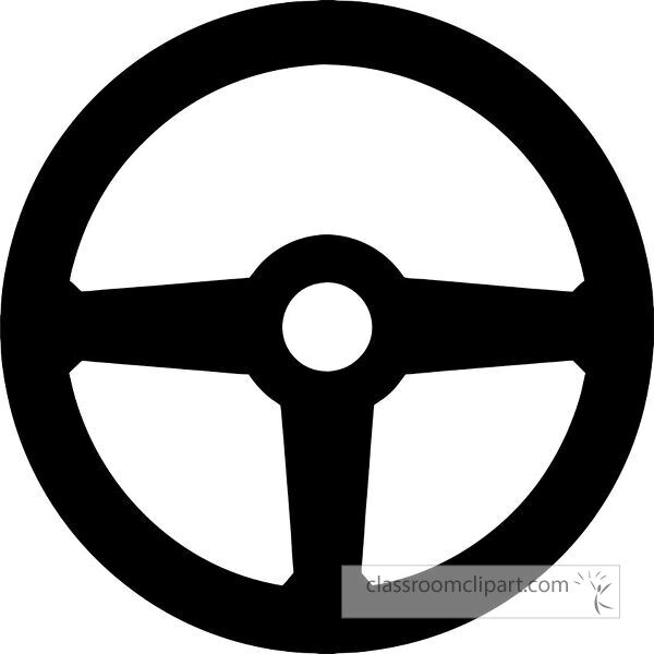 A simple black silhouette of a steering wheel