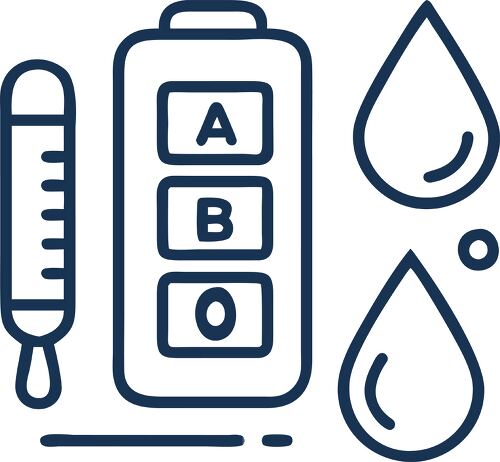 Icon representing a blood test with results displayed and blood drops