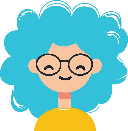 Person smiles with curly blue hair and round glasses on display