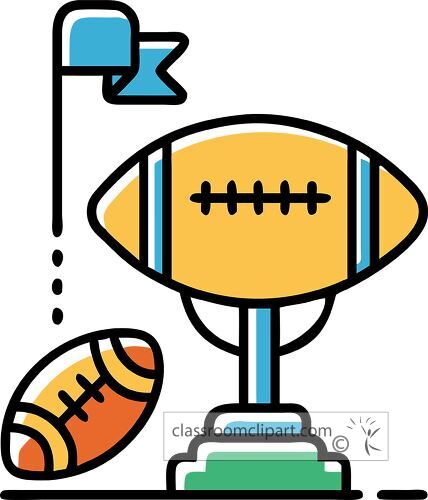 Graphic design featuring footballs and a trophy with vibrant colors and bold lines icon