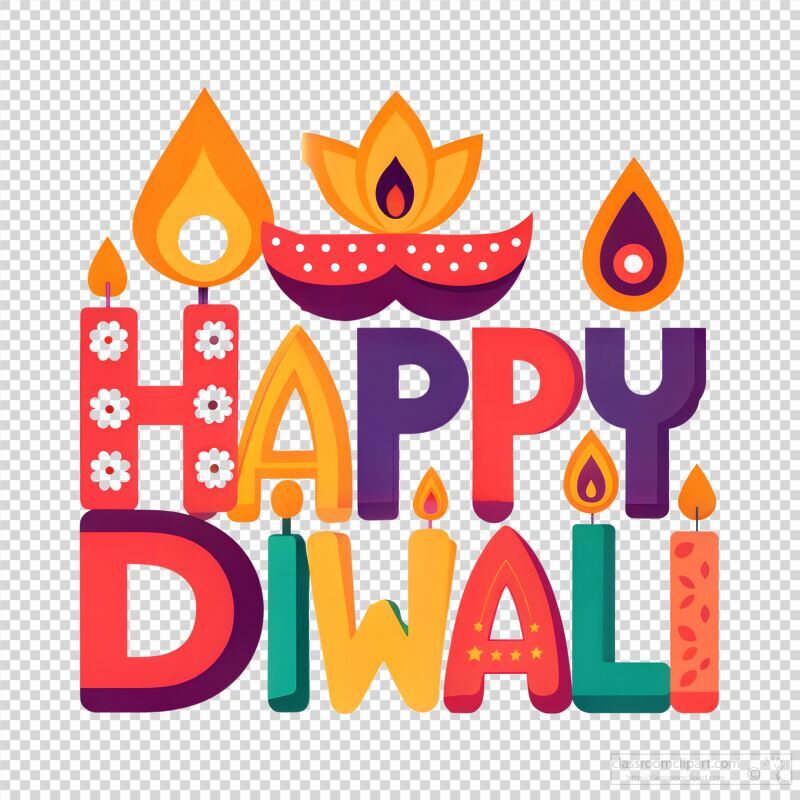 Bright and colorful typography showcases Happy Diwali with decorative elements like candles and flowers, perfect for celebrating the festival of lights and joy.