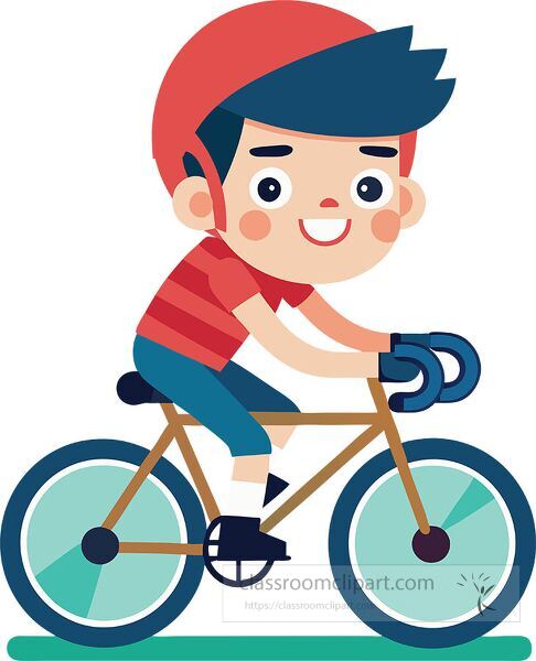 A young boy enjoys riding his bicycle wearing a helmet and gloves