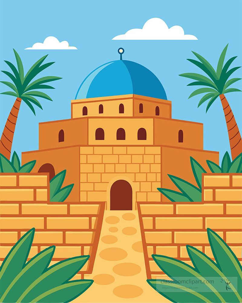 A colorful clip art representation of a historic building featuring a dome and palm trees The pathway leads through vibrant greenery to the grand entrance showcasing architectural beauty