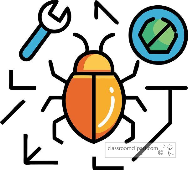 Colorful bug fixing icon featuring a beetle and a wrench in a playful design