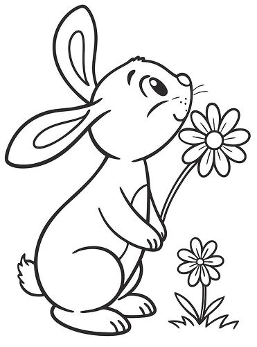 A cute bunny hovers over a colorful spring flower