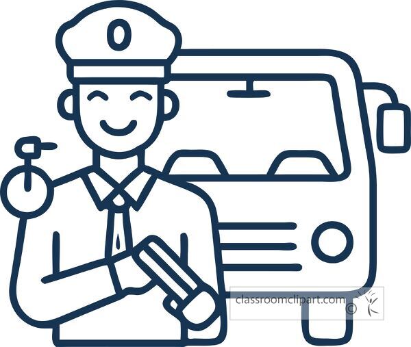 Bus driver stands holding keys beside vehicle icon