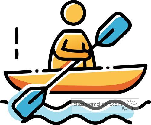 A person paddles a bright canoe across calm waters in a stylized icon