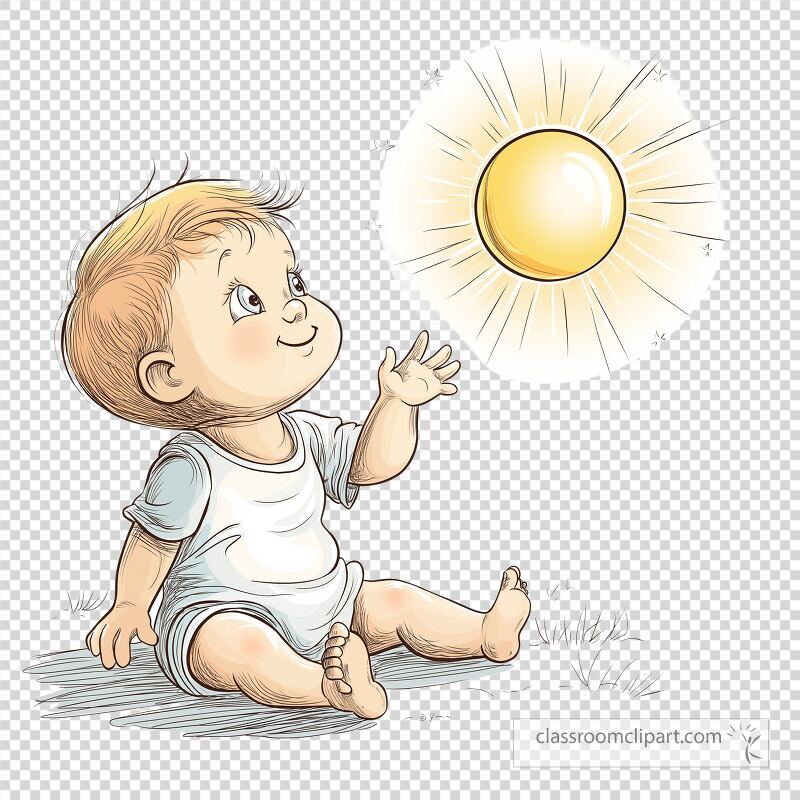 Cheerful cartoon baby sits on grass staring joyfully at a bright sun The child’s playful expression captures a moment of innocence and curiosity in a sunny setting