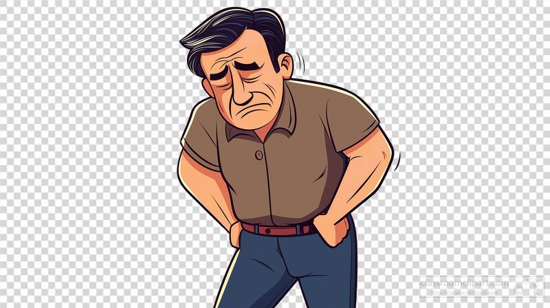 A cartoon character with a worried expression is standing with his hands in his pockets. Dressed in a simple shirt and pants he seems to be experiencing some discomfort or concern.