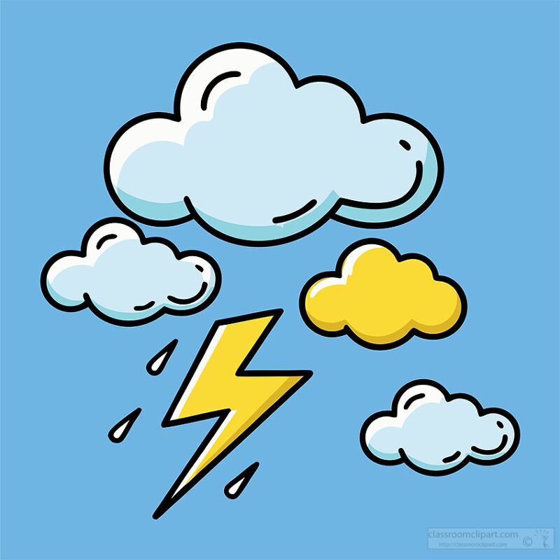 A cartoon-style illustration of clouds with a lightning bolt and raindrops. The background is a light blue, and the clouds are fluffy and white with a cheerful expression. One cloud is yellow.