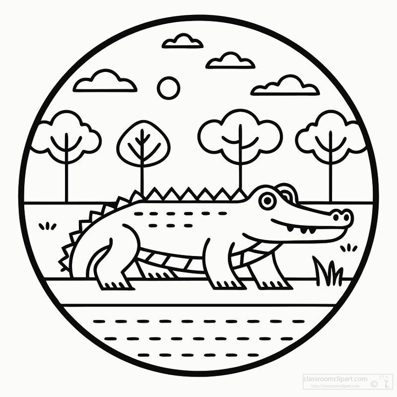 A cartoon-style crocodile in a natural setting, surrounded by trees and clouds. The scene is outlined in black and features a river in the foreground, with a sun in the sky.