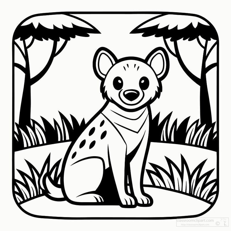 A cartoon-style illustration of a hyena sitting in a grassy area surrounded by trees. The image is outlined for coloring, featuring a friendly expression and characteristic spots on its back.