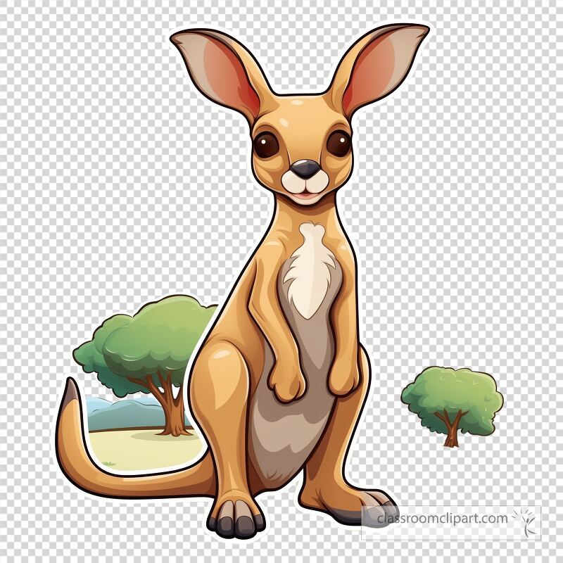 A cute cartoon kangaroo poses playfully against a backdrop of green trees and a bright sky The vibrant colors and cheerful expression create a delightful zoo atmosphere