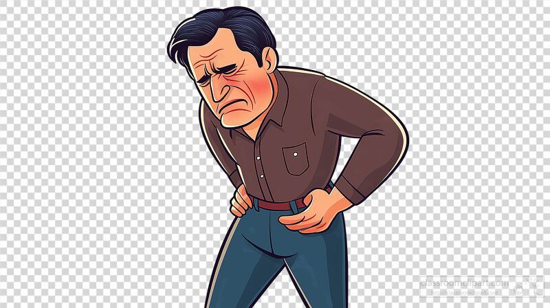 A cartoon style artwork features a man with a distressed expression bending slightly forward as if experiencing discomfort.