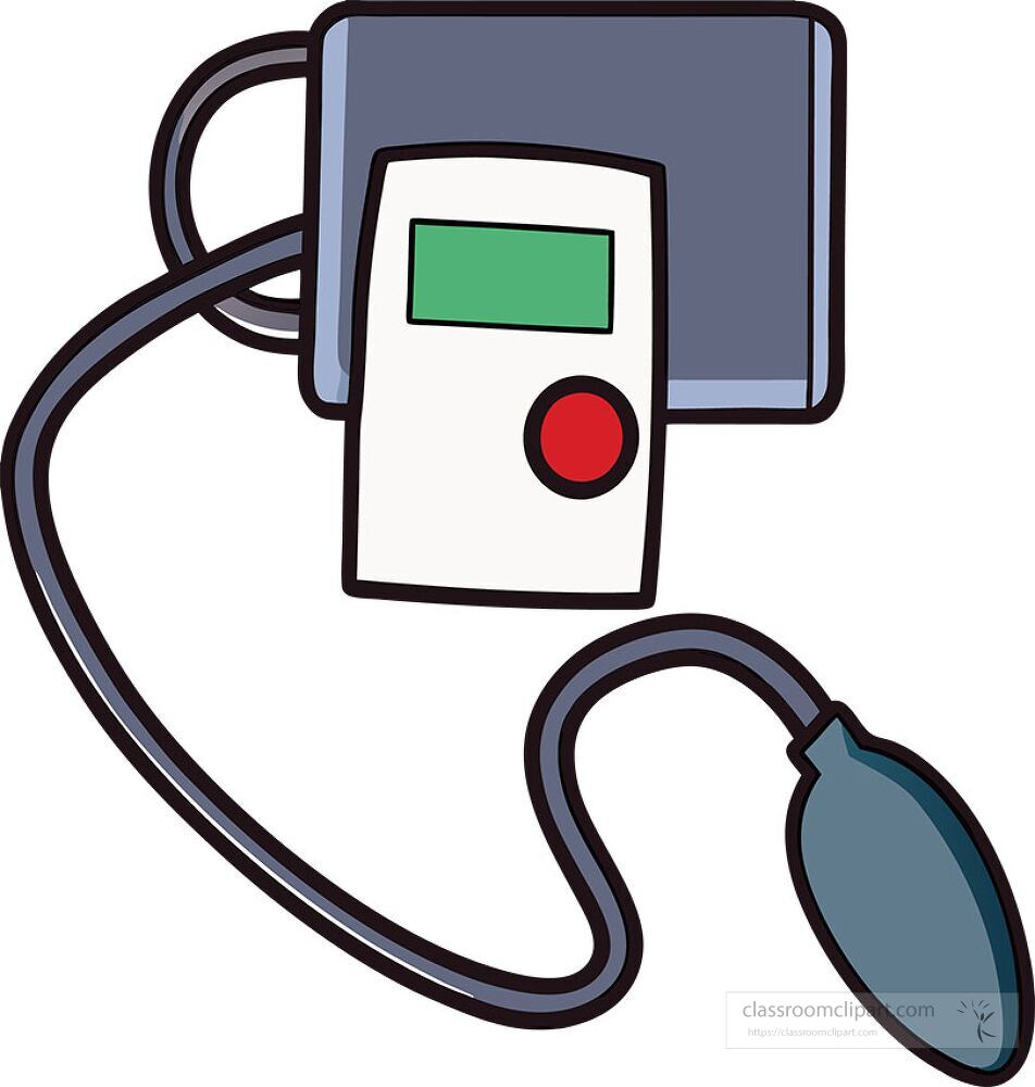 A cartoon illustration depicts a sphygmomanometer with a digital display and an air bulb This device is essential for measuring blood pressure in a healthcare environment