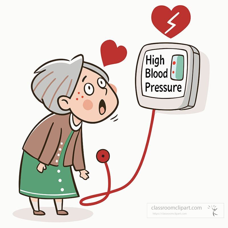 An elderly woman with gray hair reacts with surprise as she checks a blood pressure monitor reading high. Hearts float around her adding a humorous touch to the moment.