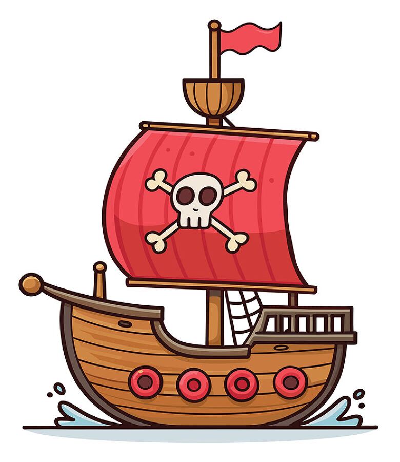 fun cartoon pirate ship with red sails and skull design sailing on water for classroom or kids theme