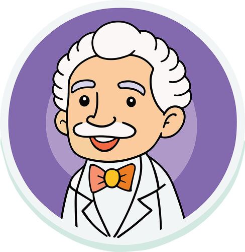 A cheerful cartoon scientist with white curly hair wearing a white coat and bow tie on a purple background