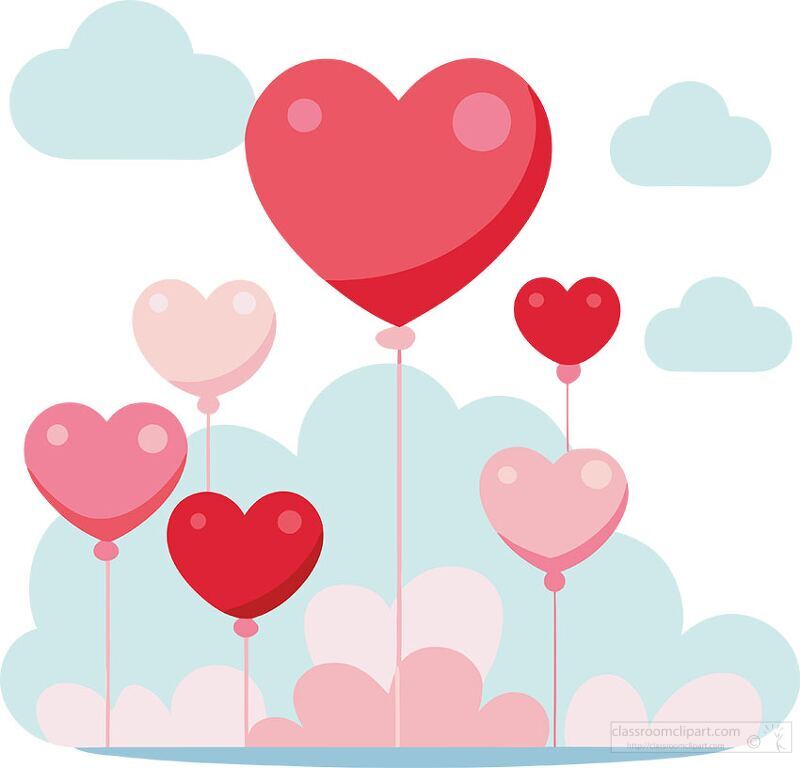 A vibrant display of heart shaped balloons in various shades of red and pink floats against a soft blue sky. The balloons create a festive atmosphere perfect for expressing love and affection.