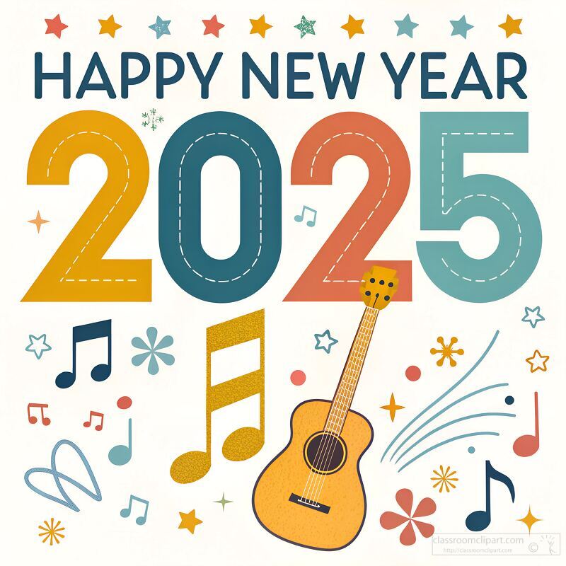 This digital illustration features a vibrant design celebrating New Year 2025, showcasing cheerful colors, musical notes, and a guitar, creating a festive atmosphere filled with excitement.