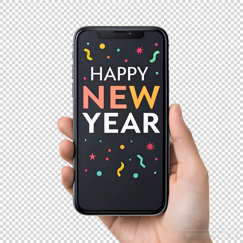 A hand holds a mobile phone displaying a festive Happy New Year message with colorful confetti and decorations on the screen. Perfect for sharing new year wishes.