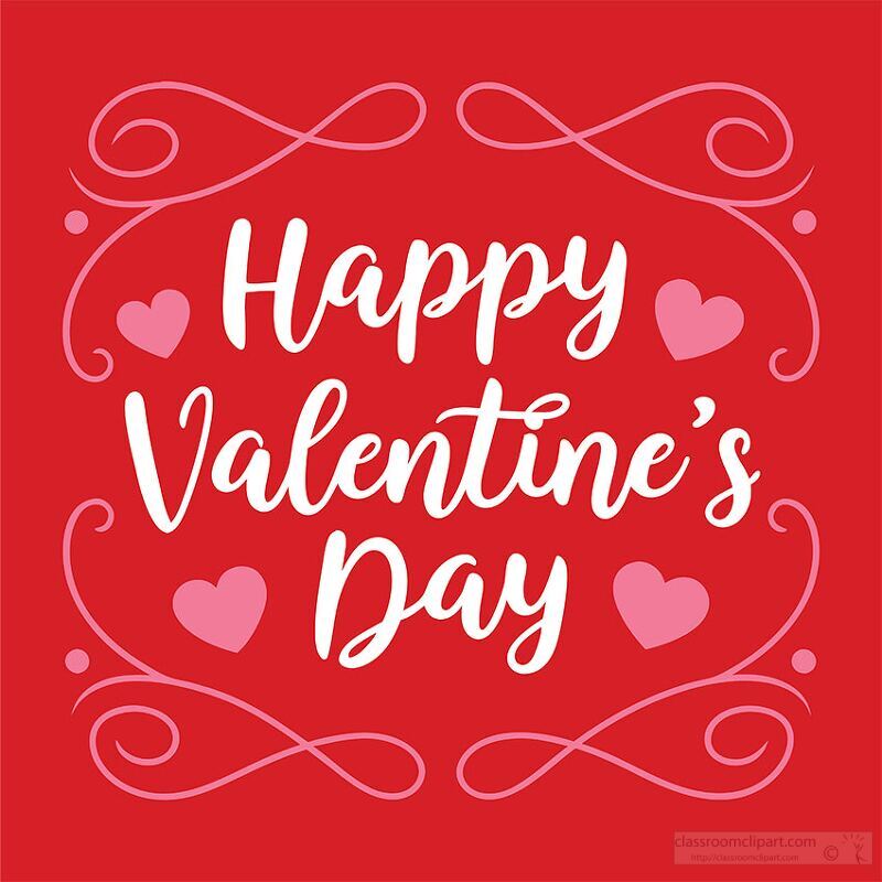 Bright red background features cheerful white typography wishing a happy Valentine’s Day. Delicate pink hearts and decorative swirls enhance the festive atmosphere.