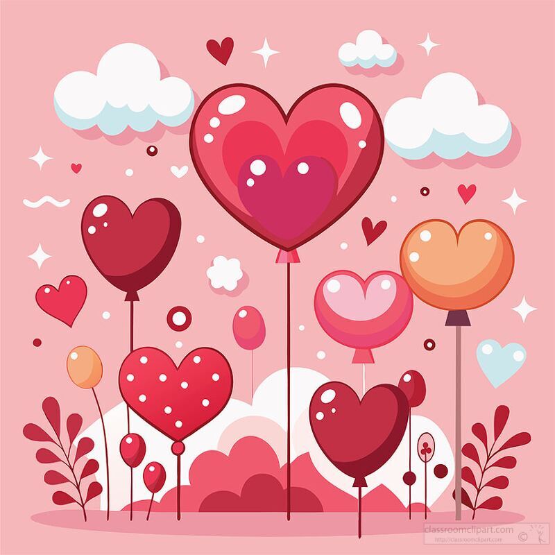 Colorful heart shaped balloons float amidst fluffy clouds against a soft pink background. This whimsical setting evokes feelings of love and joy perfect for celebrations.