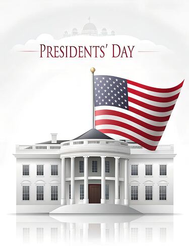 A display of Presidents Day featuring the White House proudly flying the American flag in a festive atmosphere