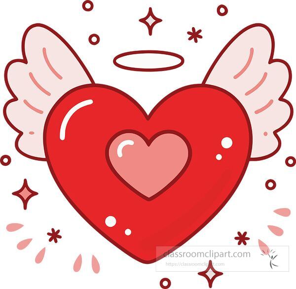 Cute heart with angel wings and halo surrounded by stars