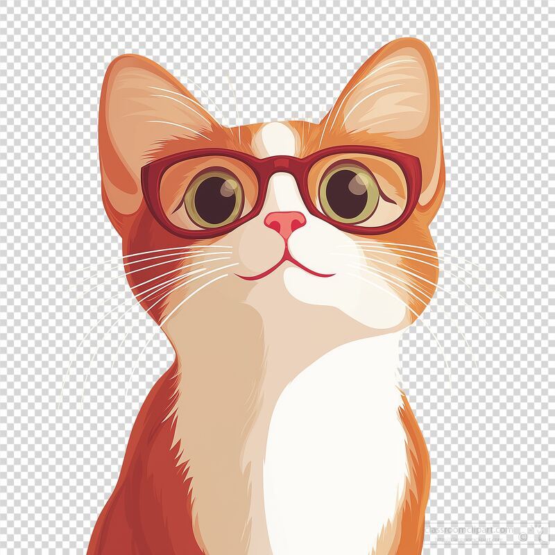 A delightful orange cat with large expressive eyes and stylish glasses poses confidently. This cartoon like character exudes charm and personality perfect for cat lovers.