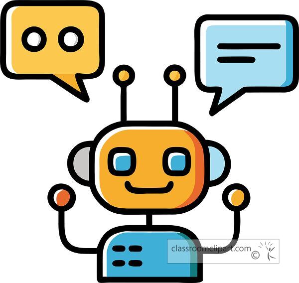 Colorful chatbot icon with geometric shapes and bold outlines representing conversation