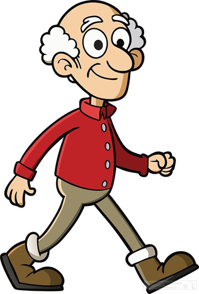 An elderly man with a warm smile walks confidently. Dressed in a bright red shirt and casual pants, he enjoys a sunny day, radiating joy and vitality in his leisurely activity.