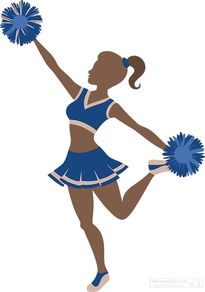 A cheerleader strikes an energetic pose raising one arm with a pom pom while balancing on one leg. Dressed in blue and white she embodies enthusiasm and athleticism during a lively event.