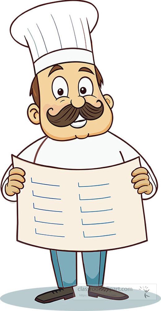 A cheerful chef with a mustache holds up a blank menu He is dressed in a classic white chef uniform and tall hat ready to showcase delicious meal options with a friendly smile