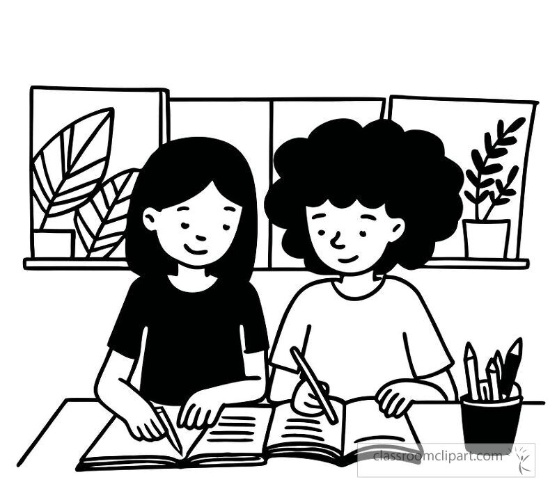 Two children work together at a table in a classroom one helping the other with schoolwork They are focused and engaged surrounded by plants and school supplies