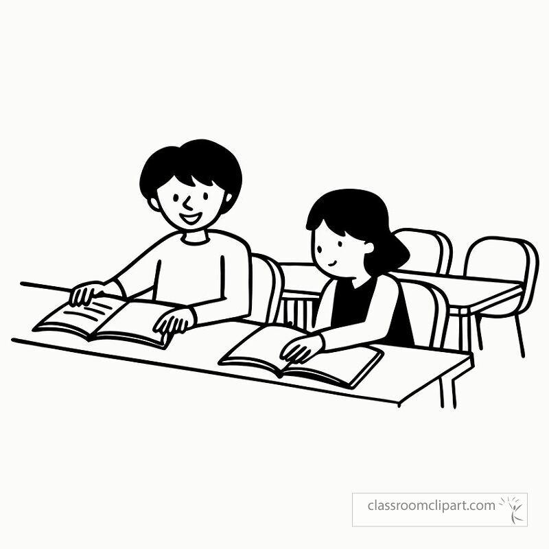 Two children sit at a desk in a classroom while one child helps the other with school work They are focused on their open books and engaged in learning together