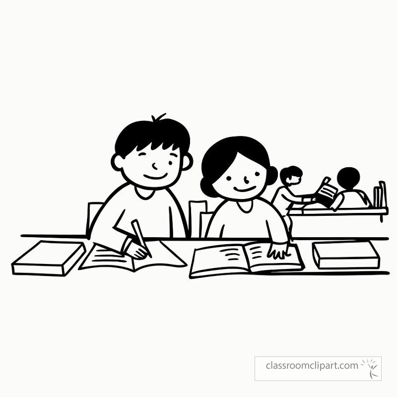 Two children work together in a classroom with one child helping the other with homework They sit at a desk surrounded by books focusing on their tasks during school hours