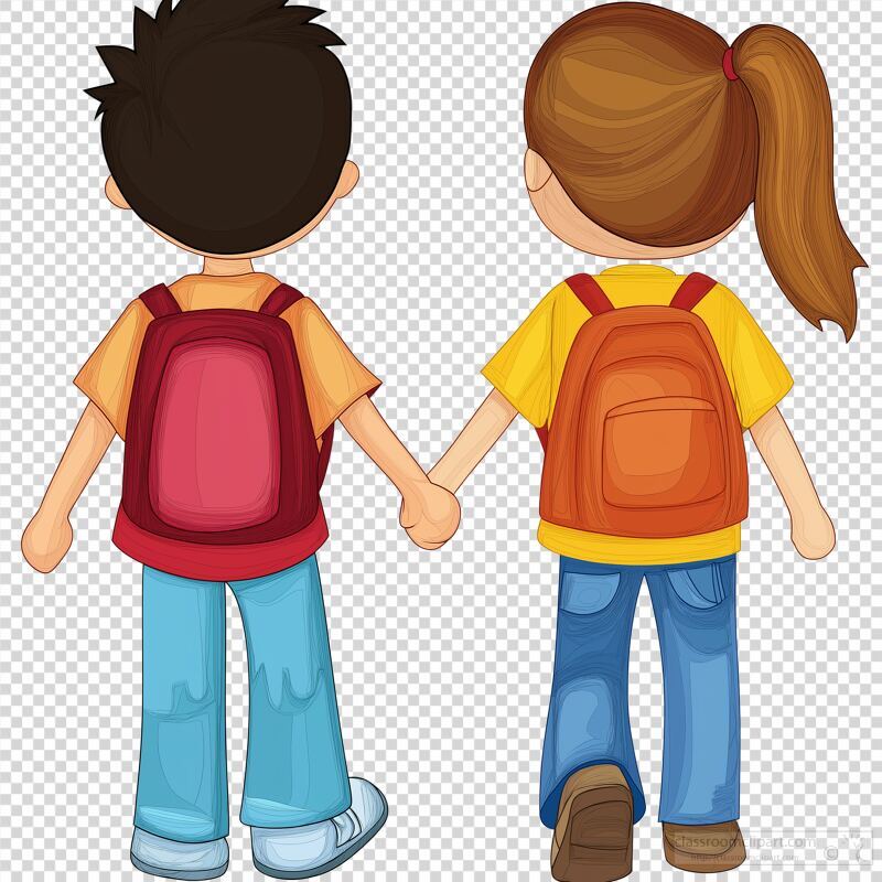 Two children walk hand in hand sharing a joyful moment. They sport colorful backpacks depicting a playful spirit typical of school days.